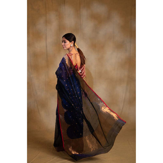 PRIYANKA RAAJIV Sora Royal Blue Silk Chanderi Saree with Unstitched Blouse