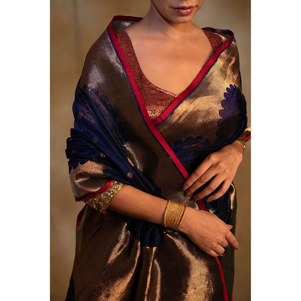 PRIYANKA RAAJIV Sora Royal Blue Silk Chanderi Saree with Unstitched Blouse