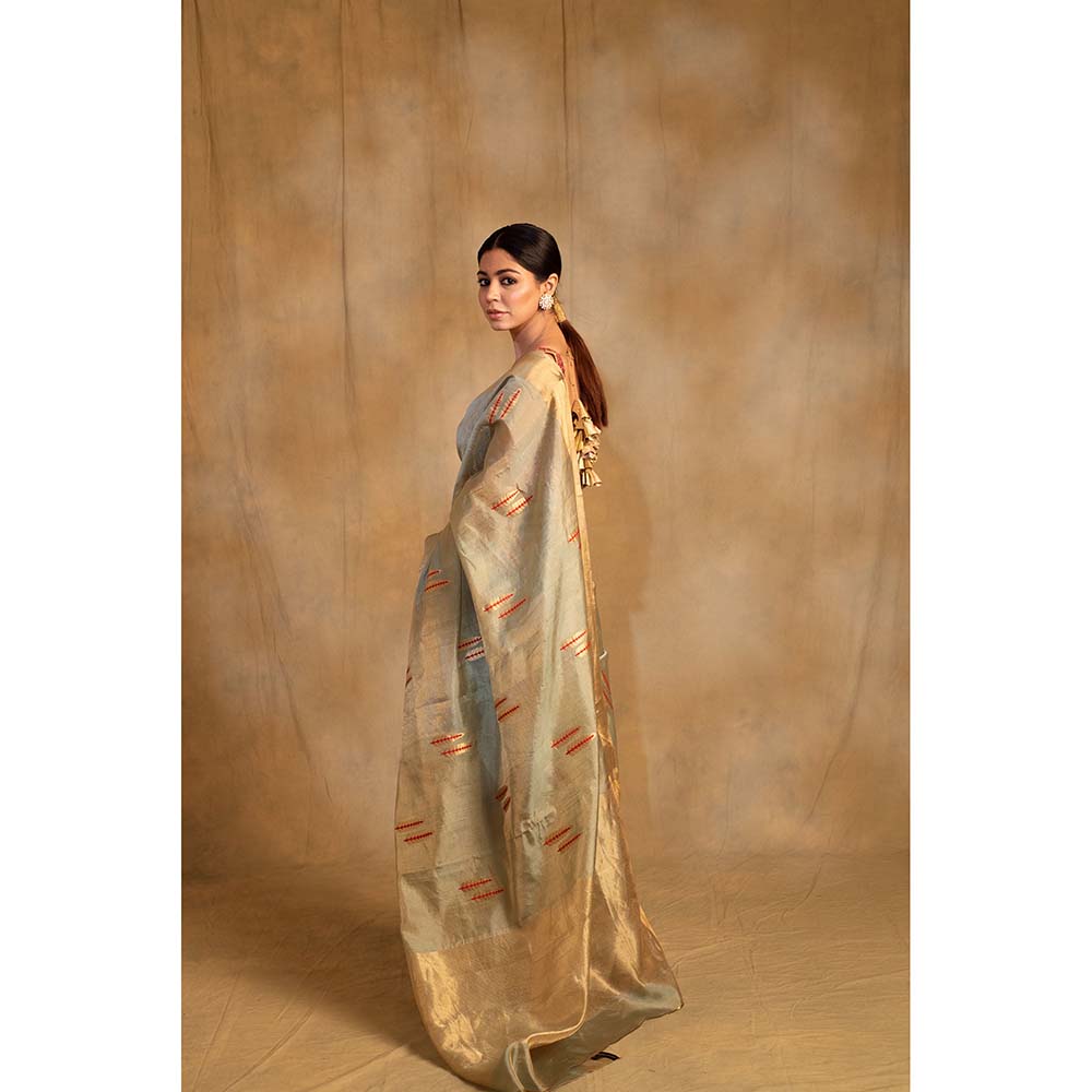 PRIYANKA RAAJIV Kuu Green And Gold Silk Saree with Unstitched Blouse