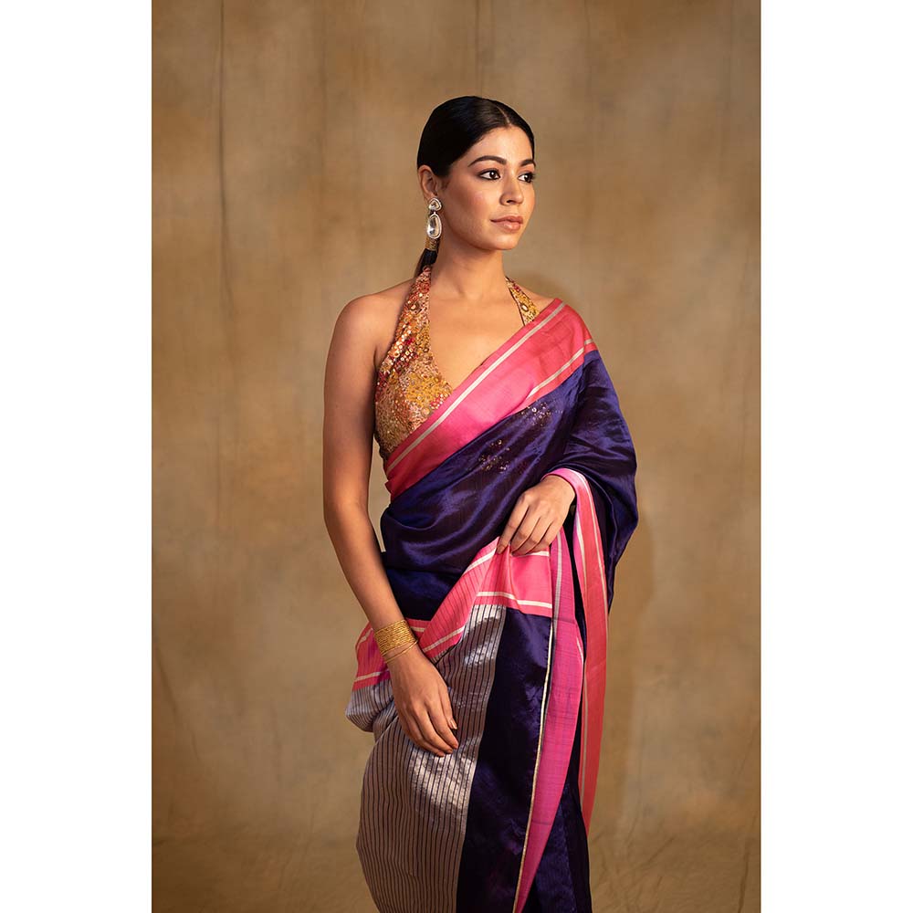 PRIYANKA RAAJIV Vishu Bonnet Blue Silk Chanderi Saree with Unstitched Blouse
