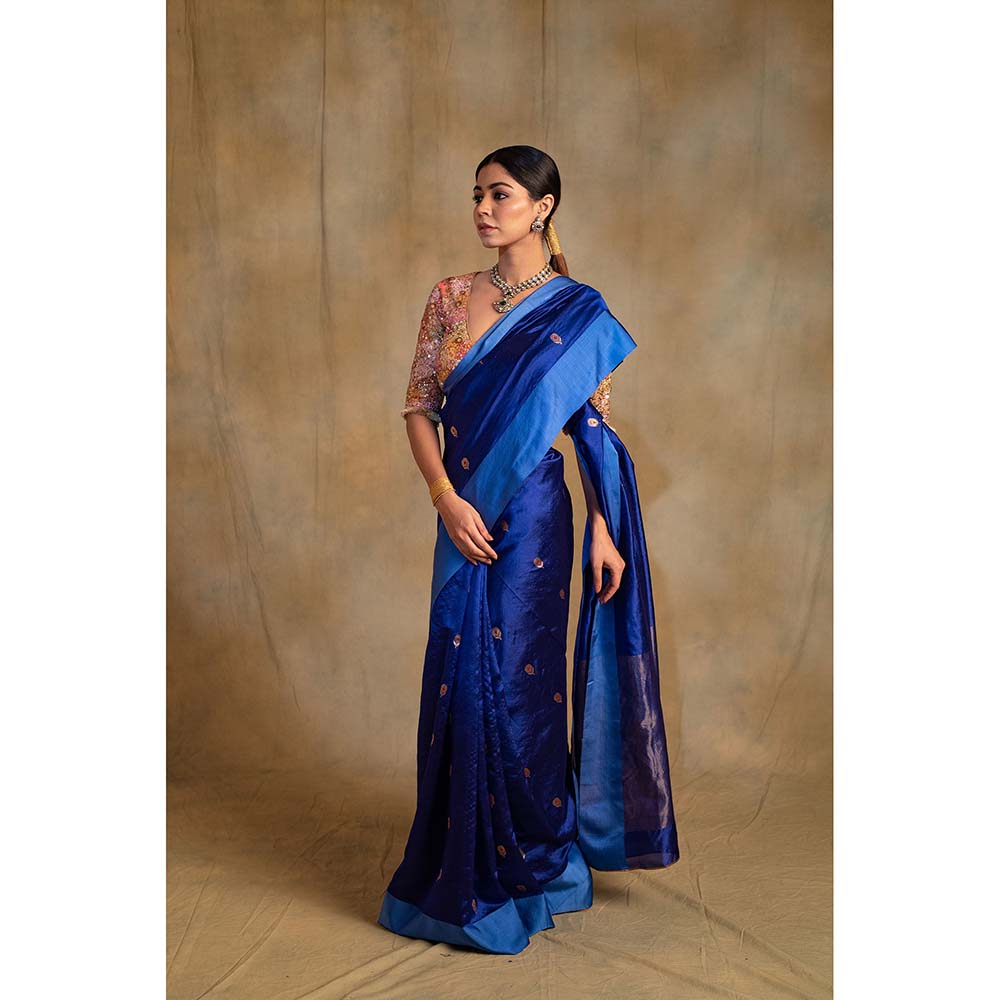 PRIYANKA RAAJIV Navami Blue Silk Chanderi Saree with Unstitched Blouse