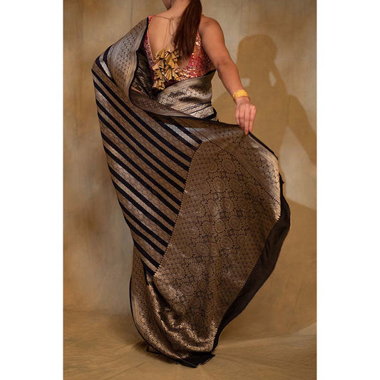 PRIYANKA RAAJIV Chaitra Navy Blue Silk Banarasi Saree with Unstitched Blouse