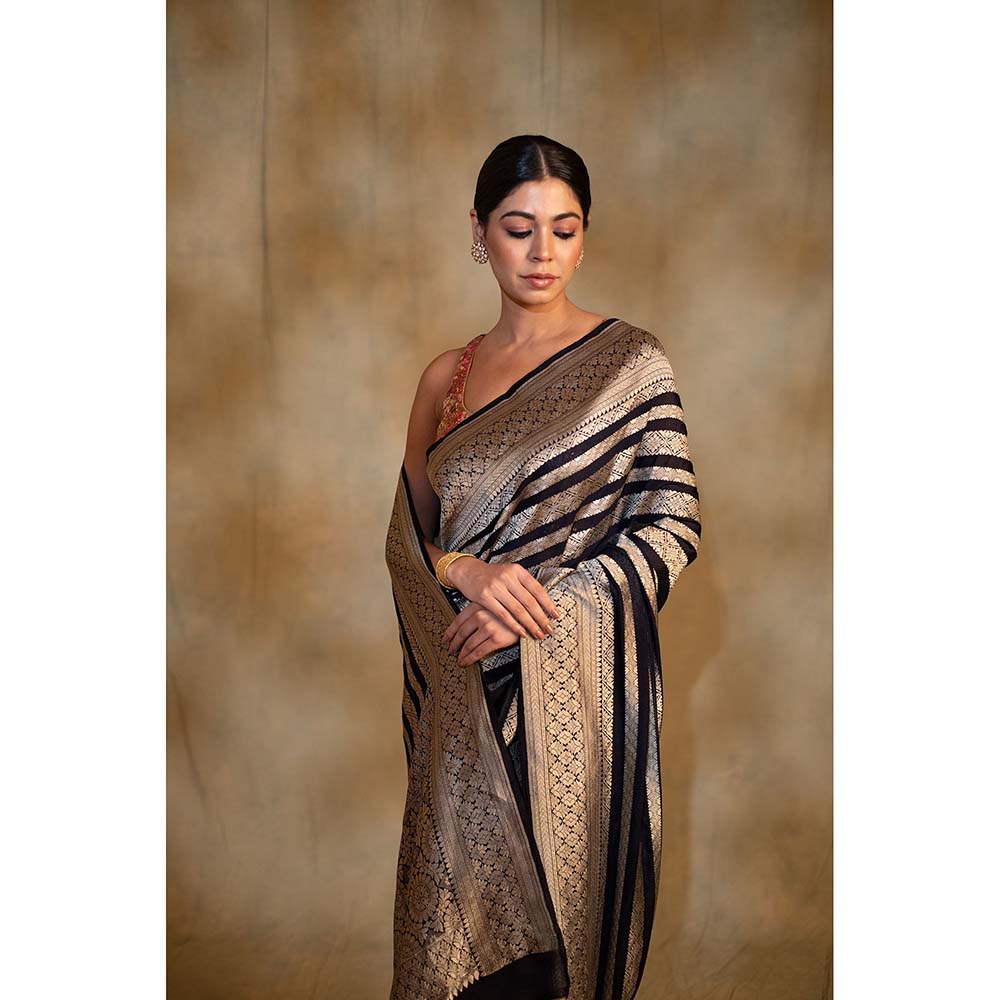 PRIYANKA RAAJIV Chaitra Navy Blue Silk Banarasi Saree with Unstitched Blouse