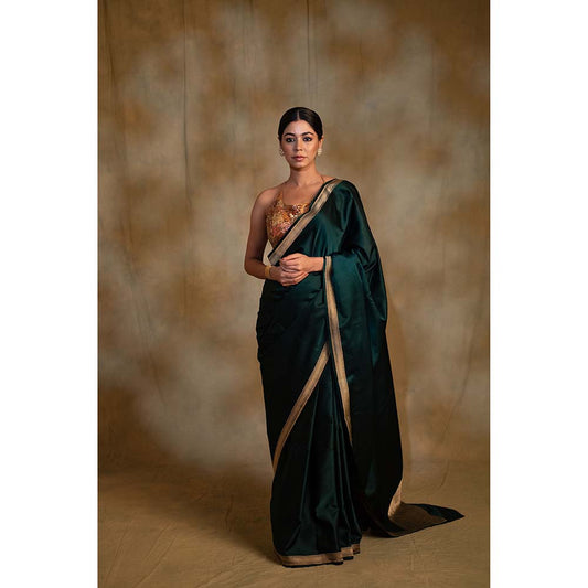 PRIYANKA RAAJIV Jayanti Deep Green Mashru Silk Saree with Unstitched Blouse
