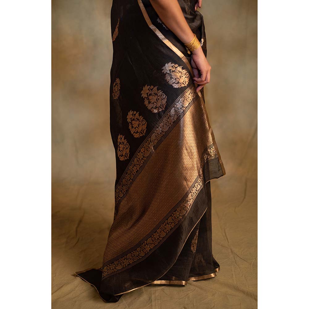 PRIYANKA RAAJIV Tritiya Black Linen-Silk Organza Banarasi Saree with Unstitched Blouse