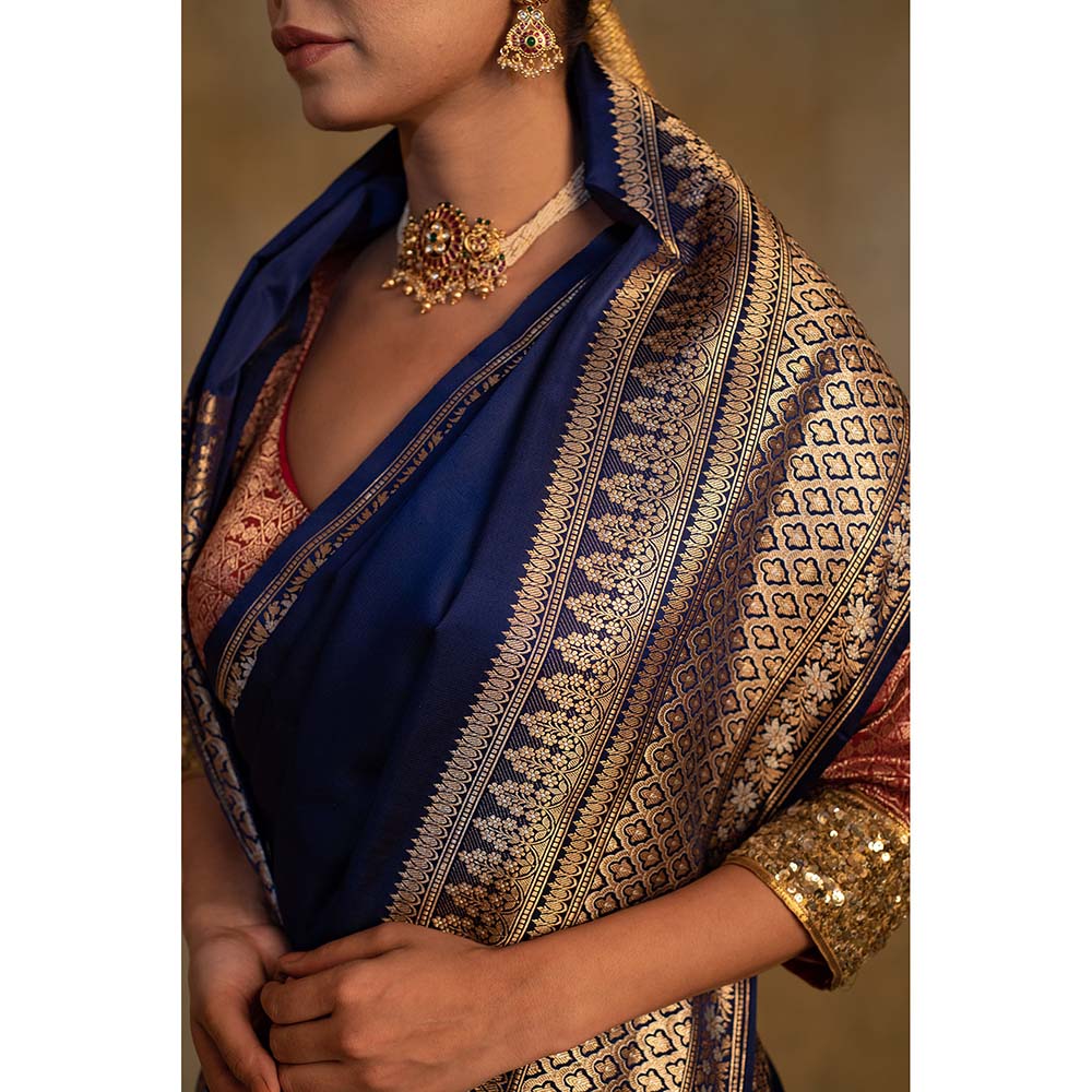 PRIYANKA RAAJIV Gangaur Royal Blue Mashru Silk Saree with Unstitched Blouse