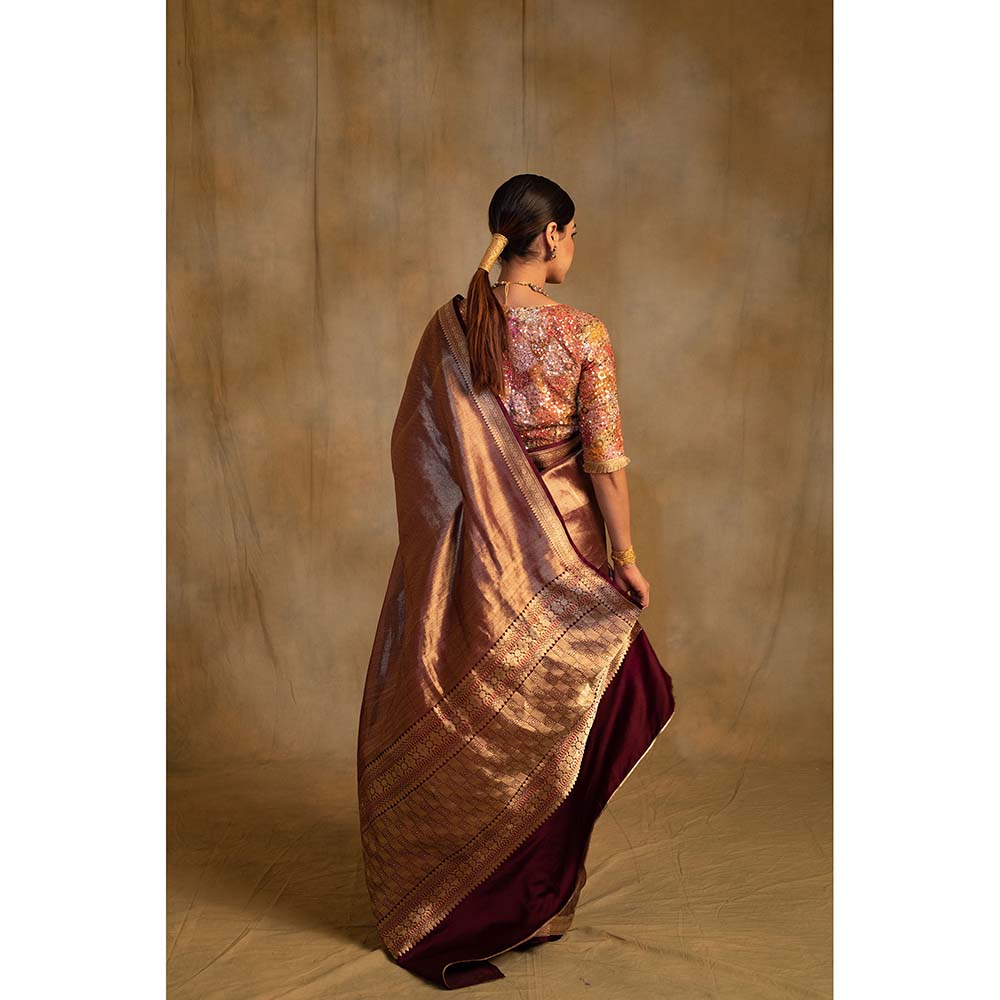 PRIYANKA RAAJIV Laldita Burgundy Silk Tissue Banarasi Saree with Unstitched Blouse