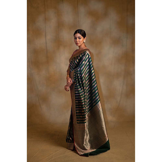 PRIYANKA RAAJIV Maghi Emerald Green Silk Banarsi Saree with Unstitched Blouse