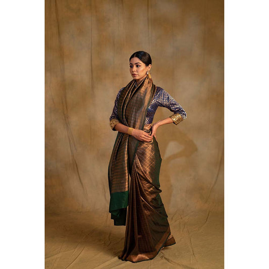 PRIYANKA RAAJIV Tusu Fern Green Silk Banarasi Saree with Unstitched Blouse
