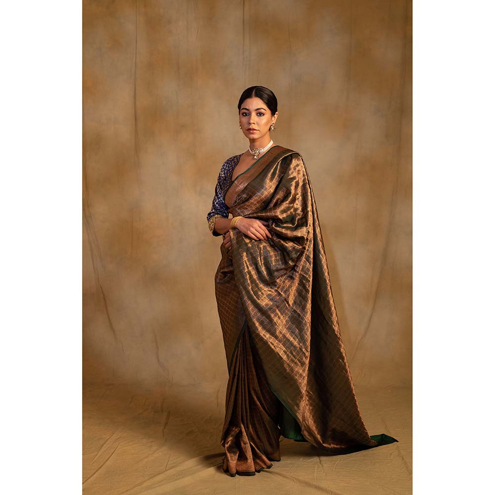 PRIYANKA RAAJIV Tusu Fern Green Silk Banarasi Saree with Unstitched Blouse