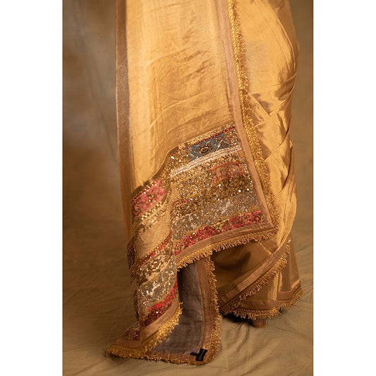 PRIYANKA RAAJIV Purnima Gold Silk Tissue Chanderi Saree with Unstitched Blouse