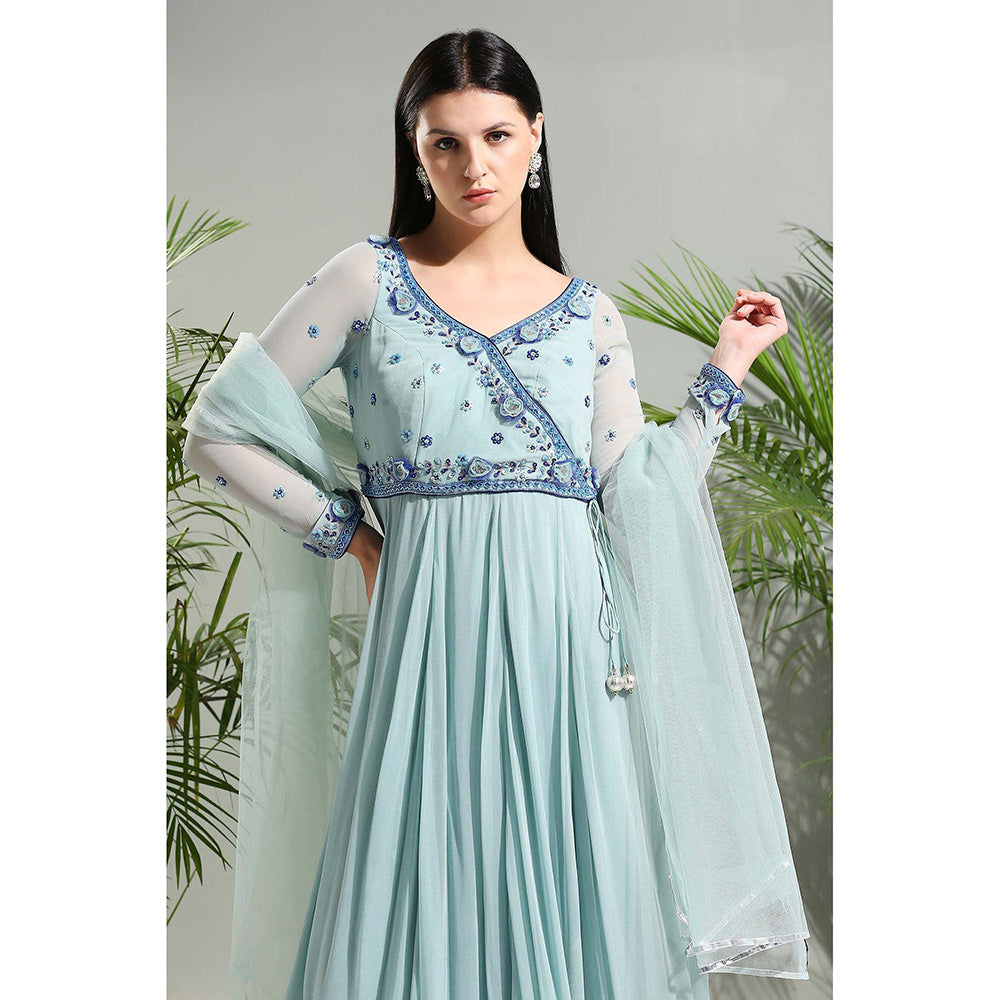 PRITI SAHNI DESIGNS Dusty Blue Anarkali with Churidar and Dupatta (Set of 3)