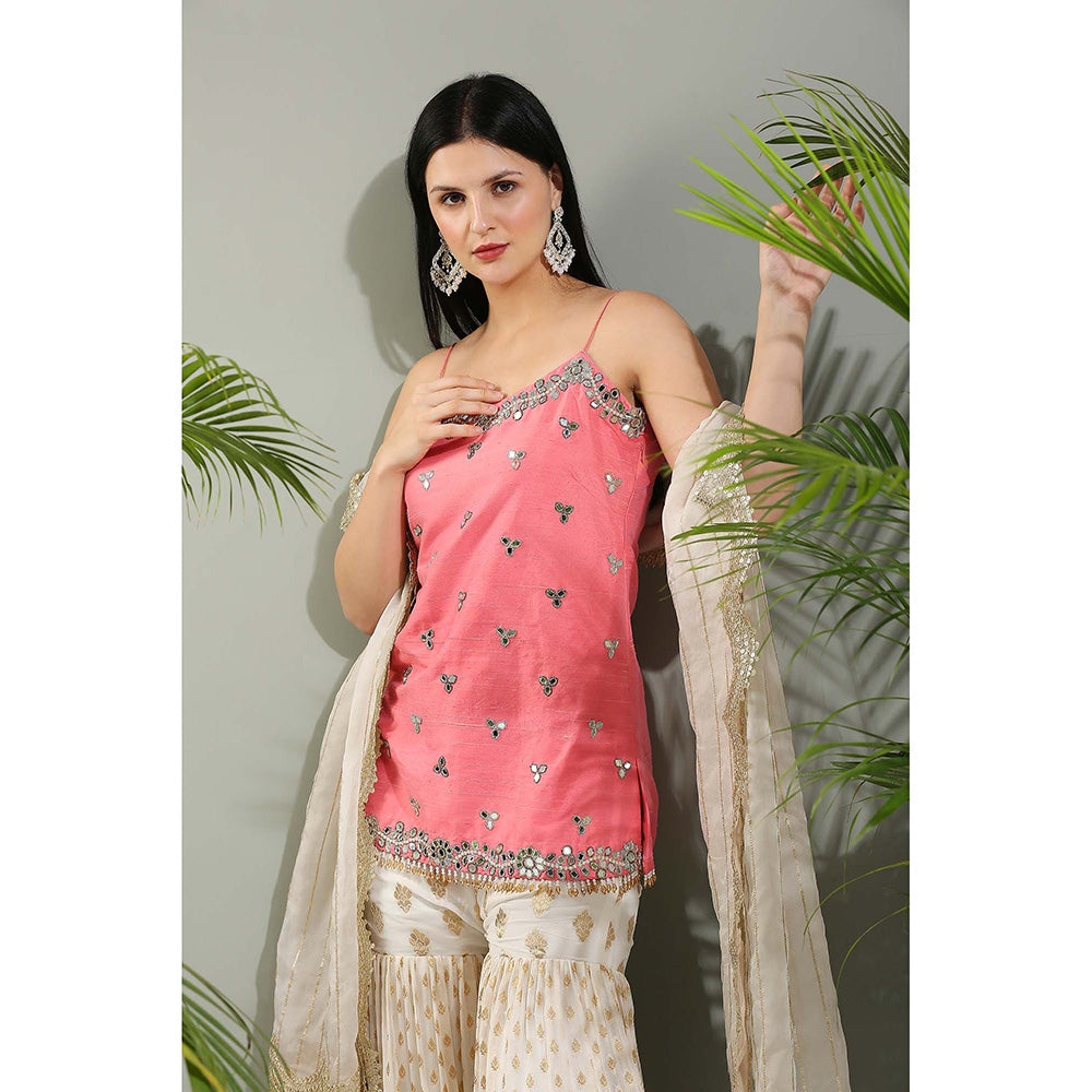 PRITI SAHNI DESIGNS Blush Pink Sharara with Kurti and Dupatta (Set of 3)