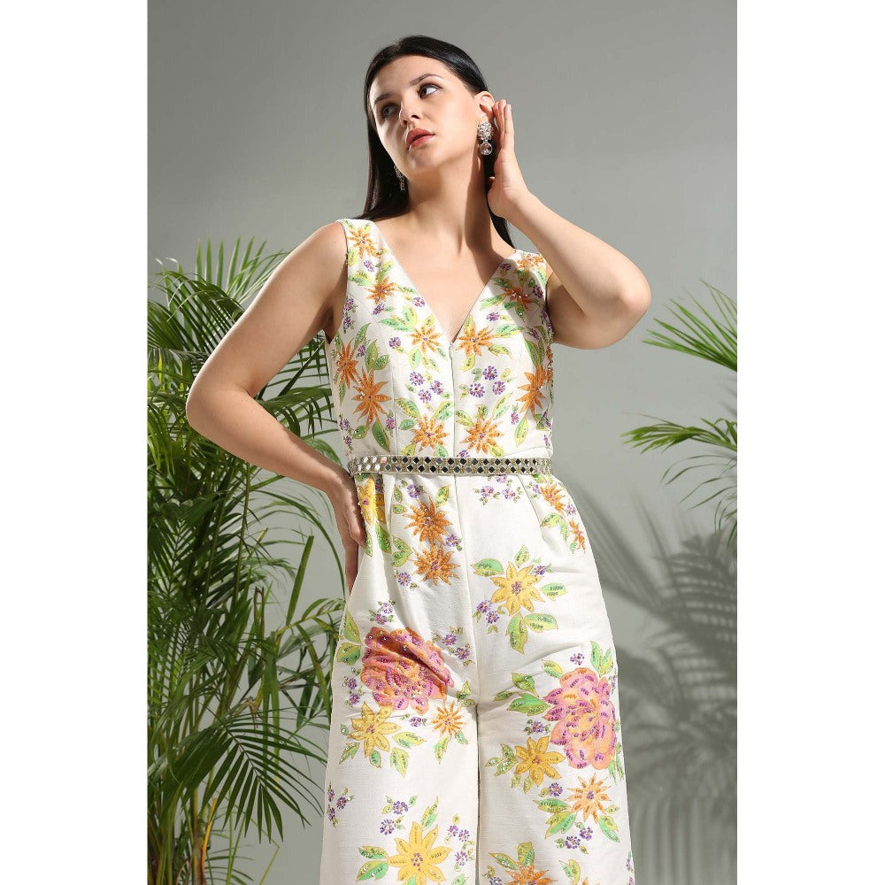 PRITI SAHNI DESIGNS Ivory Hand Painted Jumpsuit with Belt (Set of 2)