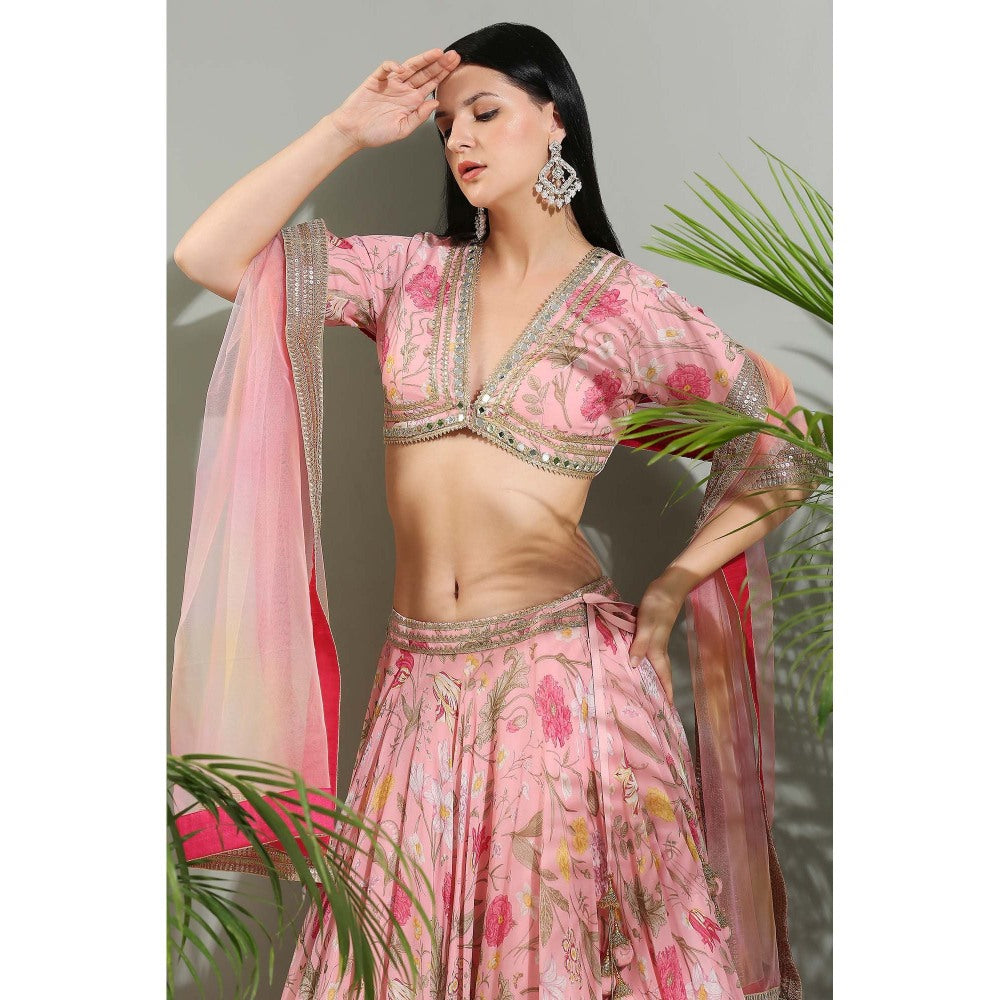 PRITI SAHNI DESIGNS Blush Pink Floral Lehenga with Blouse and Dupatta (Set of 3)