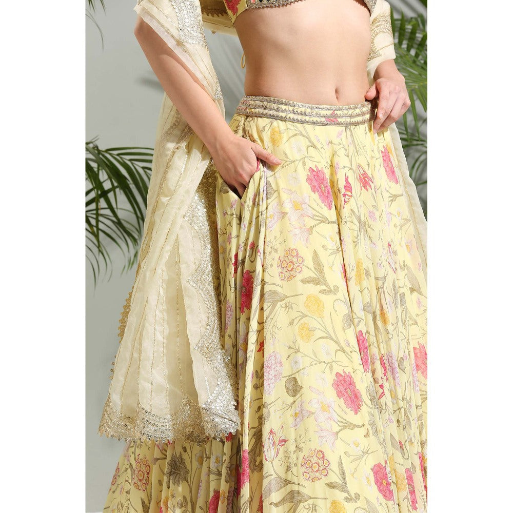 PRITI SAHNI DESIGNS Yellow Floral Lehenga with Blouse and Dupatta (Set of 3)