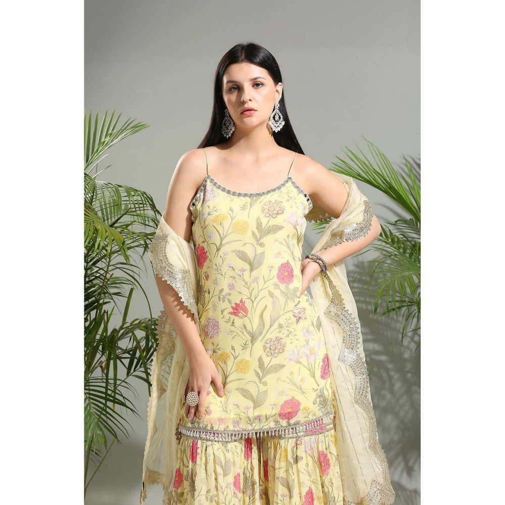 PRITI SAHNI DESIGNS Yellow Floral Sharara with Kurti and Dupatta (Set of 3)