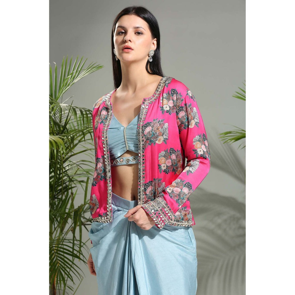 PRITI SAHNI DESIGNS Grey Blouse with Skirt and Cropped Jacket (Set of 3)