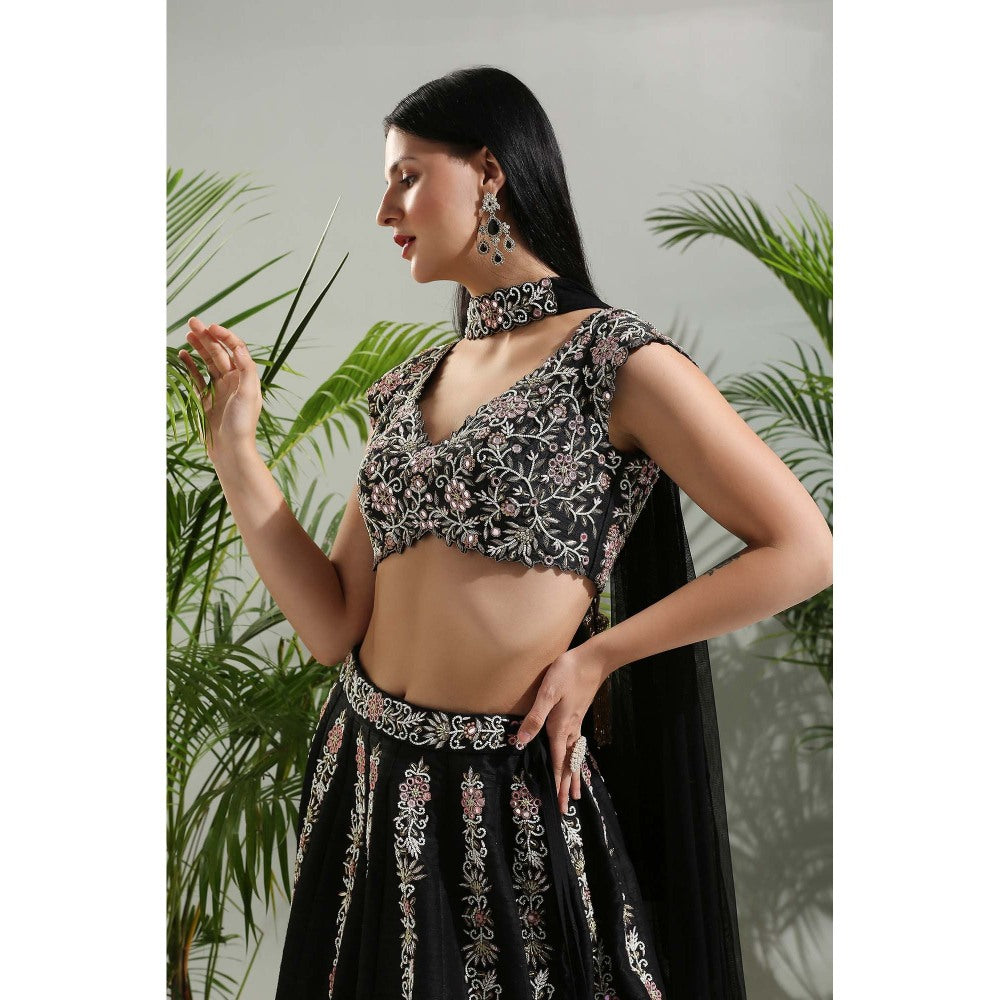 PRITI SAHNI DESIGNS Black Hand Embroidered Lehenga with Blouse and Dupatta (Set of 3)