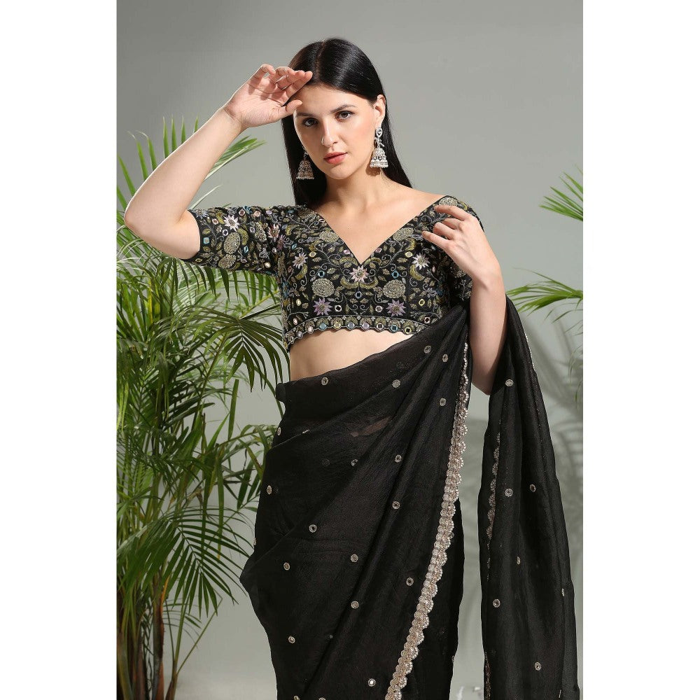 PRITI SAHNI DESIGNS Black Organza Embroidered Saree with Stitched Blouse