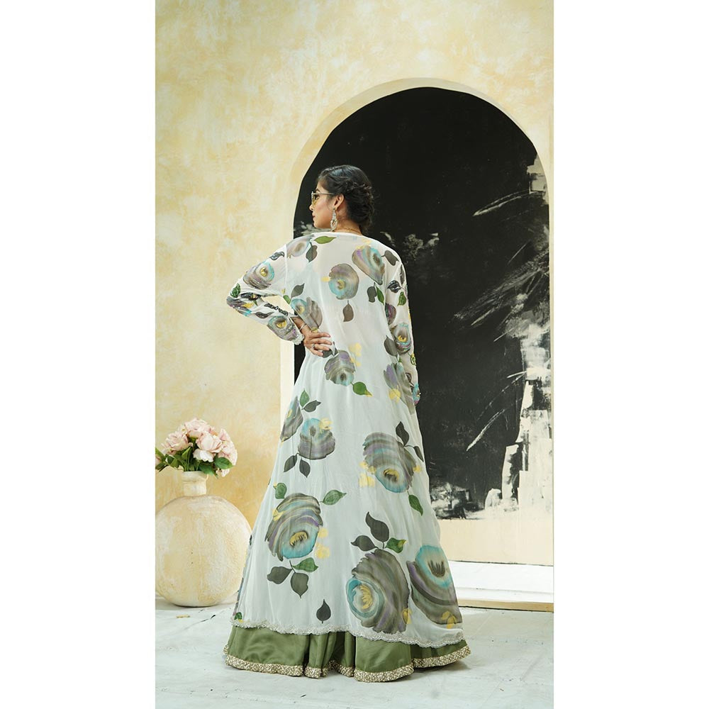 PRITI SAHNI DESIGNS Sage Green Floral Embroidered Jacket with Blouse & Lehenga