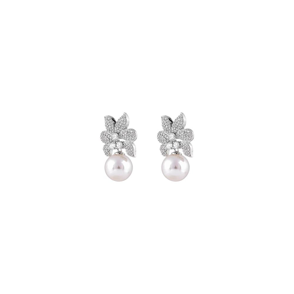 PRIHAN LUXURY Ribbon Shaped Diamond Danglers Earrings with Pearl Drop