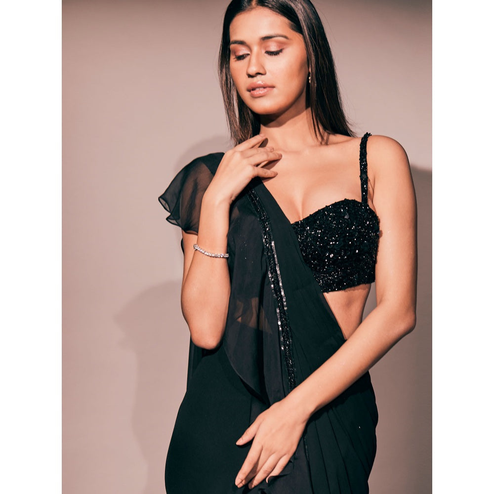 Pritika Vora Black Ruffle Edged Saree with Stone Encrusted Stitched Blouse