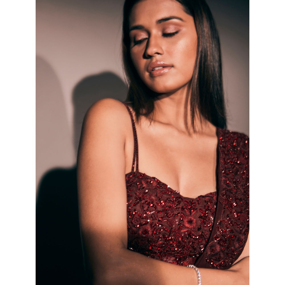 Pritika Vora Maroon Corset Style Blouse Paired with Saree with Stitched Blouse