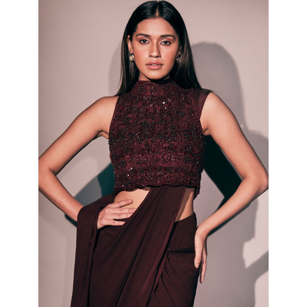 Pritika Vora Burgundy Blouse Paired with Saree with Stitched Blouse
