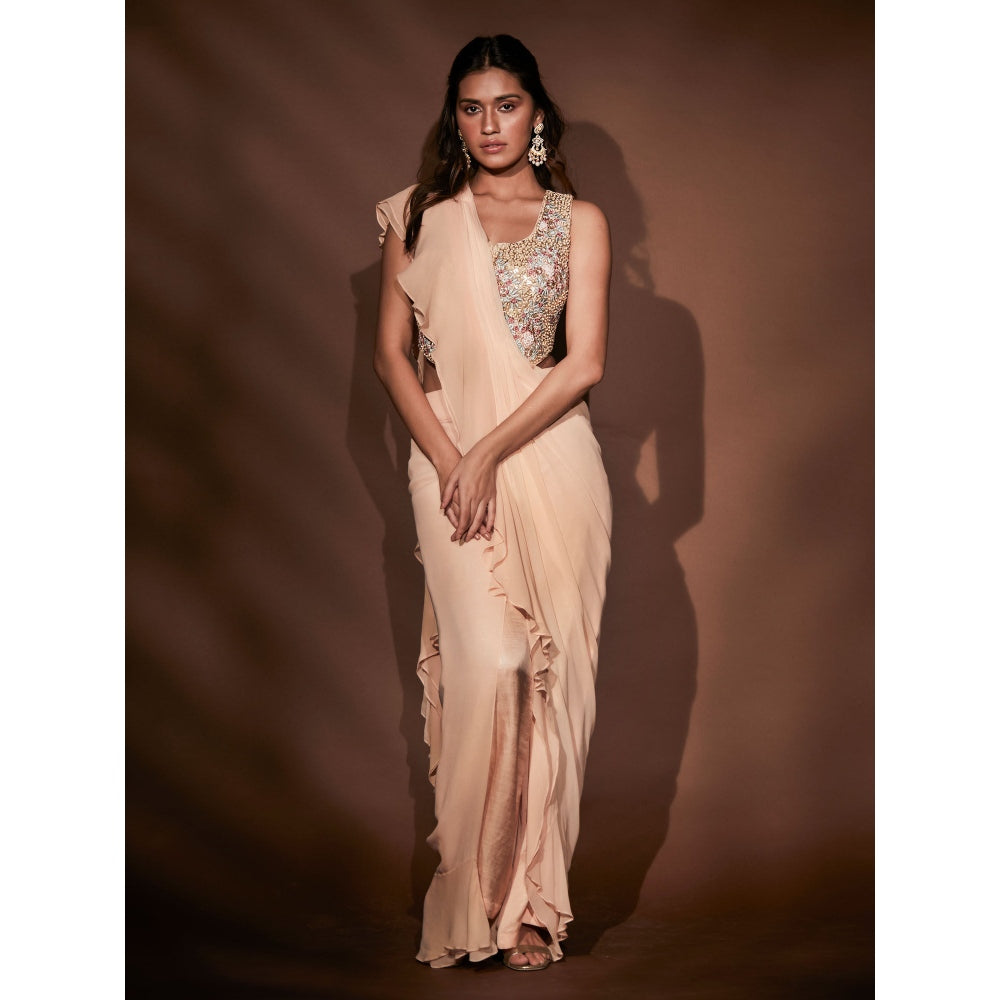 Pritika Vora Peach Blouse with Saree with Stitched