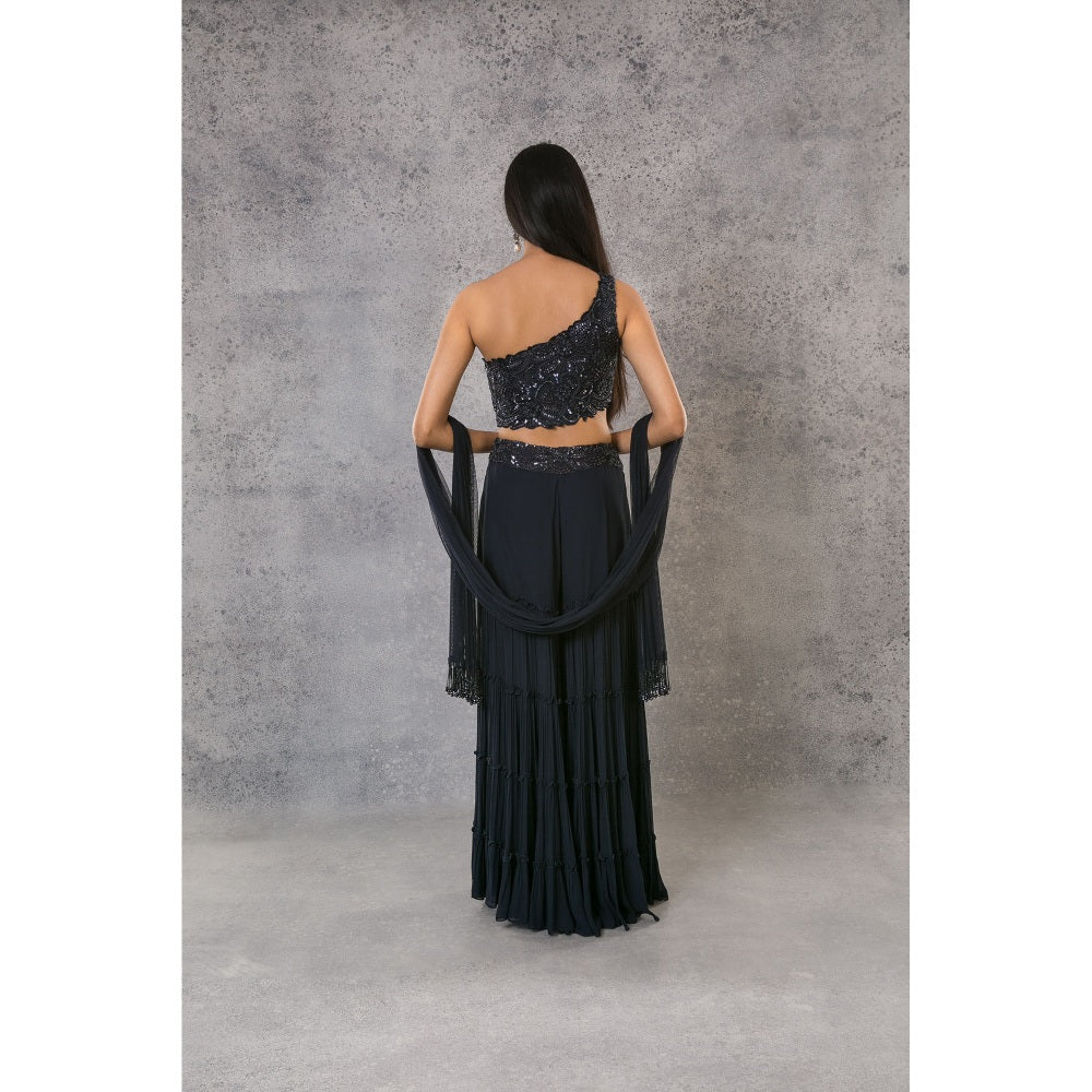 Pritika Vora Mid Blue One Shoulder Blouse with Sharara & Dupatta (Set of 3)