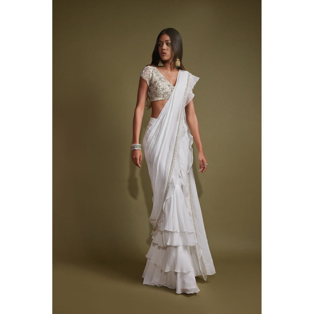 Pritika Vora White Layered Saree with Cap Sleeve Blouse with Stitched