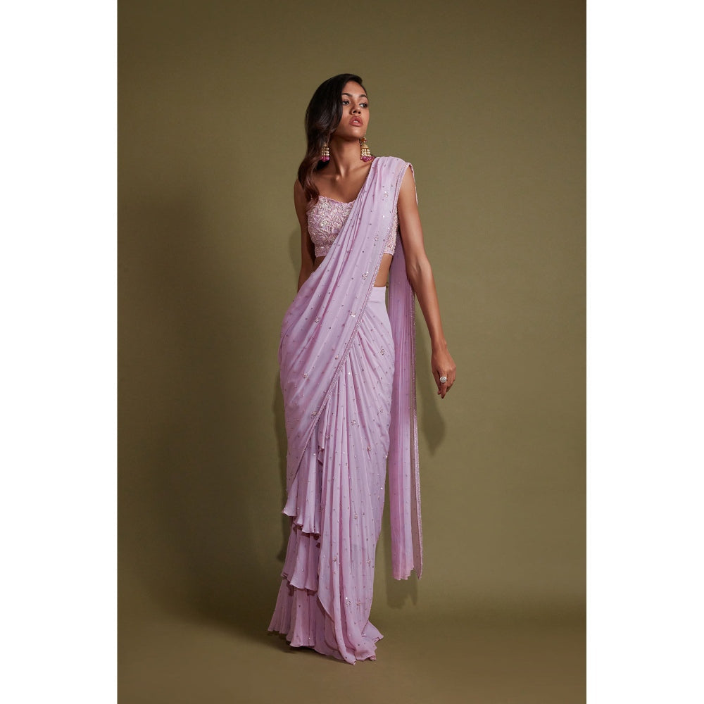 Pritika Vora Lavender Layered Embroidered Saree with Blouse with Stitched