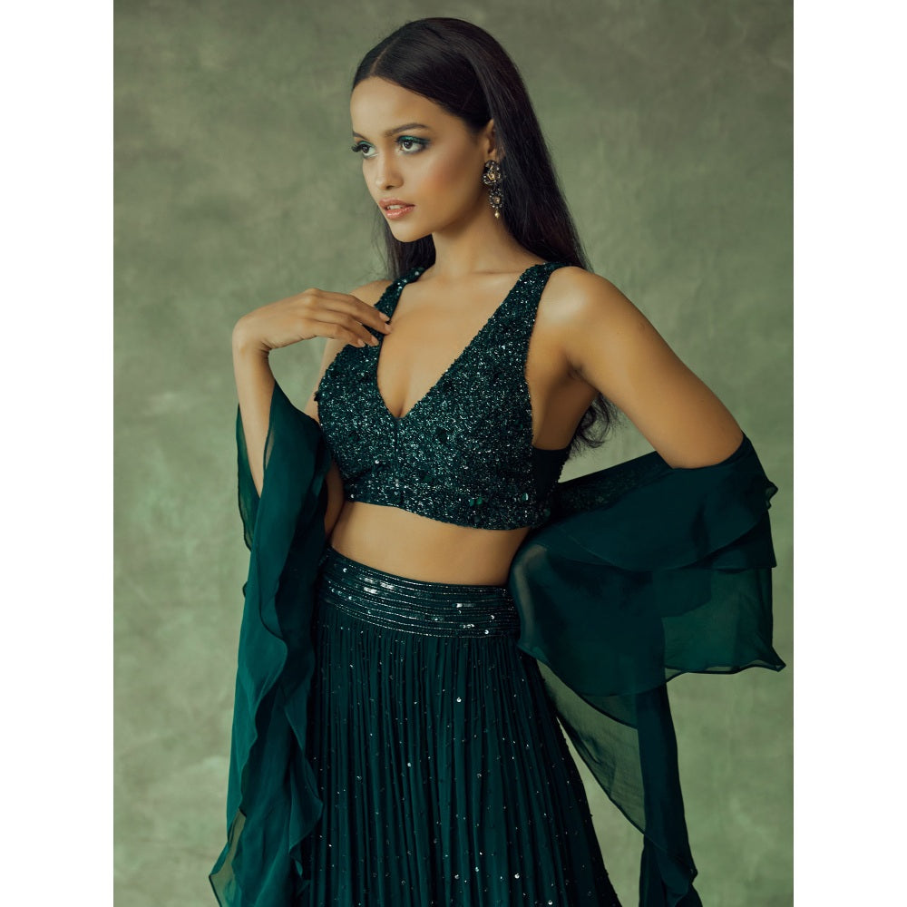 Pritika Vora Forest Green Hand Embroidered Lehenga with Ruffle Dupatta & Blouse (Set of 3)