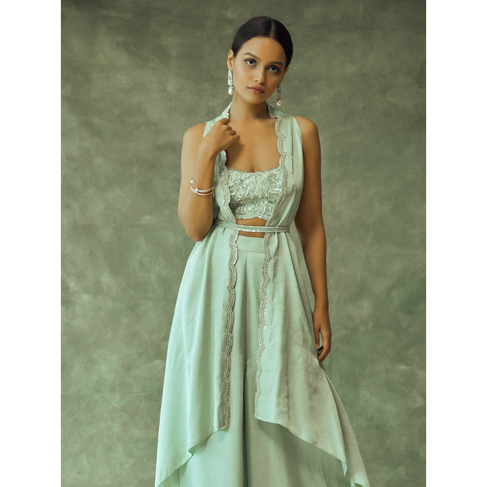 Pritika Vora Sage Green Hand Embroidered Fusion Crop Top - Palazzo with Coat & Belt (Set of 4)