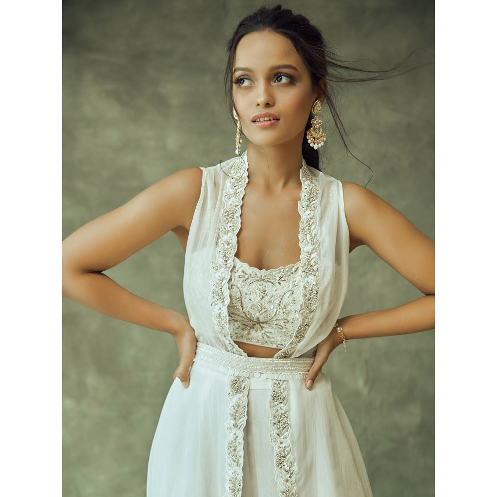 Pritika Vora White Hand Embroidered Fusion Crop Top - Palazzo with Coat & Belt (Set of 4)