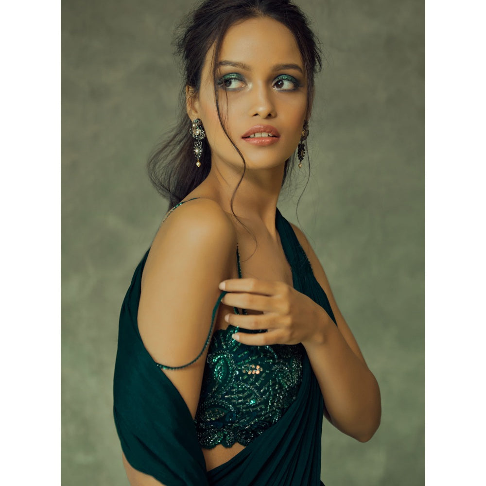 Pritika Vora Forest Green Draped Saree with Blouse with Stitched