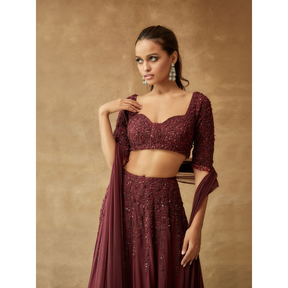 Pritika Vora Rosewood Corset Style Blouse with Lehenga & Tassel Dupatta (Set of 3)