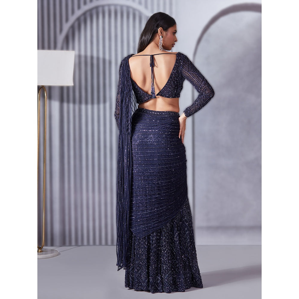 Pritika Vora Midnight Blue Embellished Saree with Blouse with Stitched