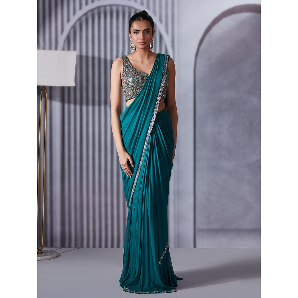 Pritika Vora Turquoise Pre Draped Saree with Blouse with Stitched