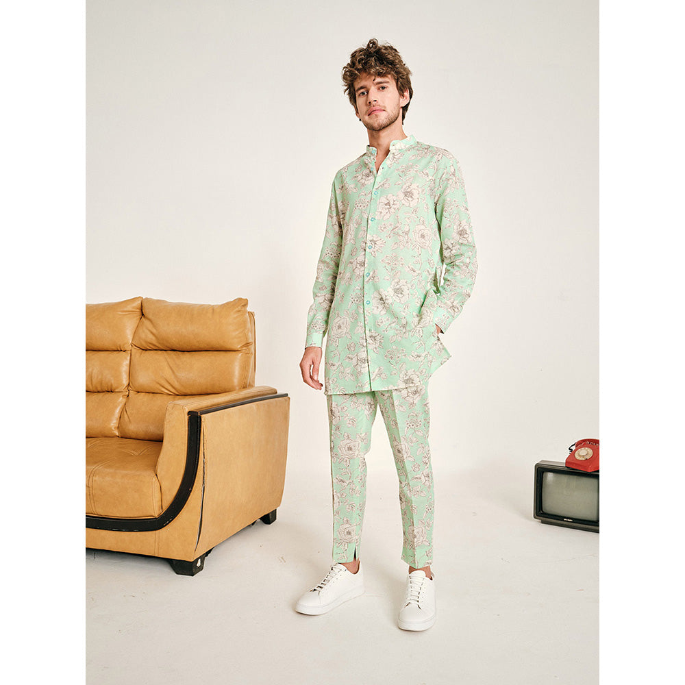 Project Bandi Mint Garden Rose Linen Kurta with Pajama (Set of 2)