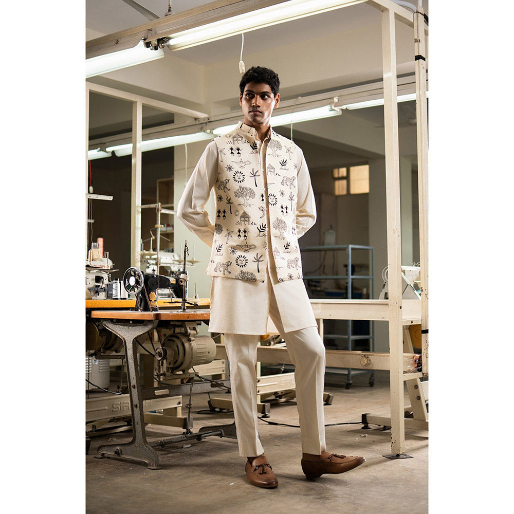Project Bandi Off White Vaana Open Nehru Jacket with Kurta and Pyjama (Set of 3)