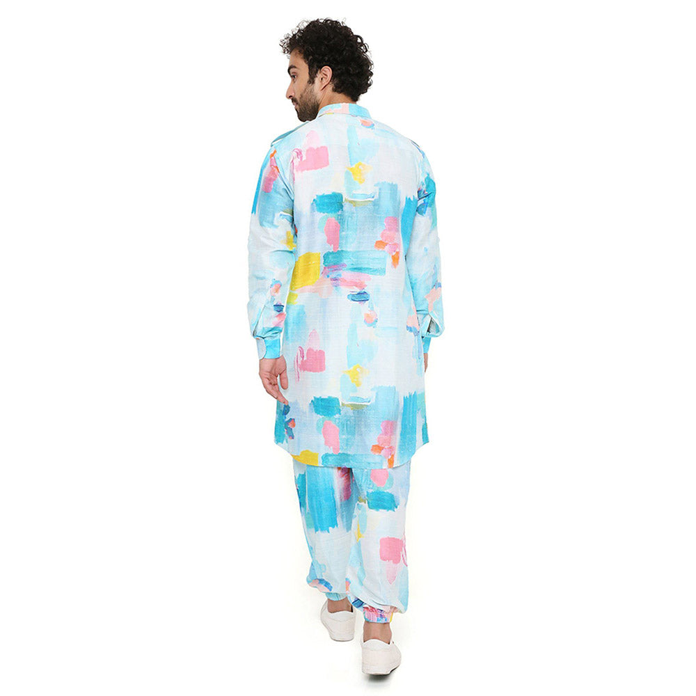 PS Men by Payal Singhal Painterly Print Dupion Silk Pathani Kurta with Jogger Pants (Set of 2)