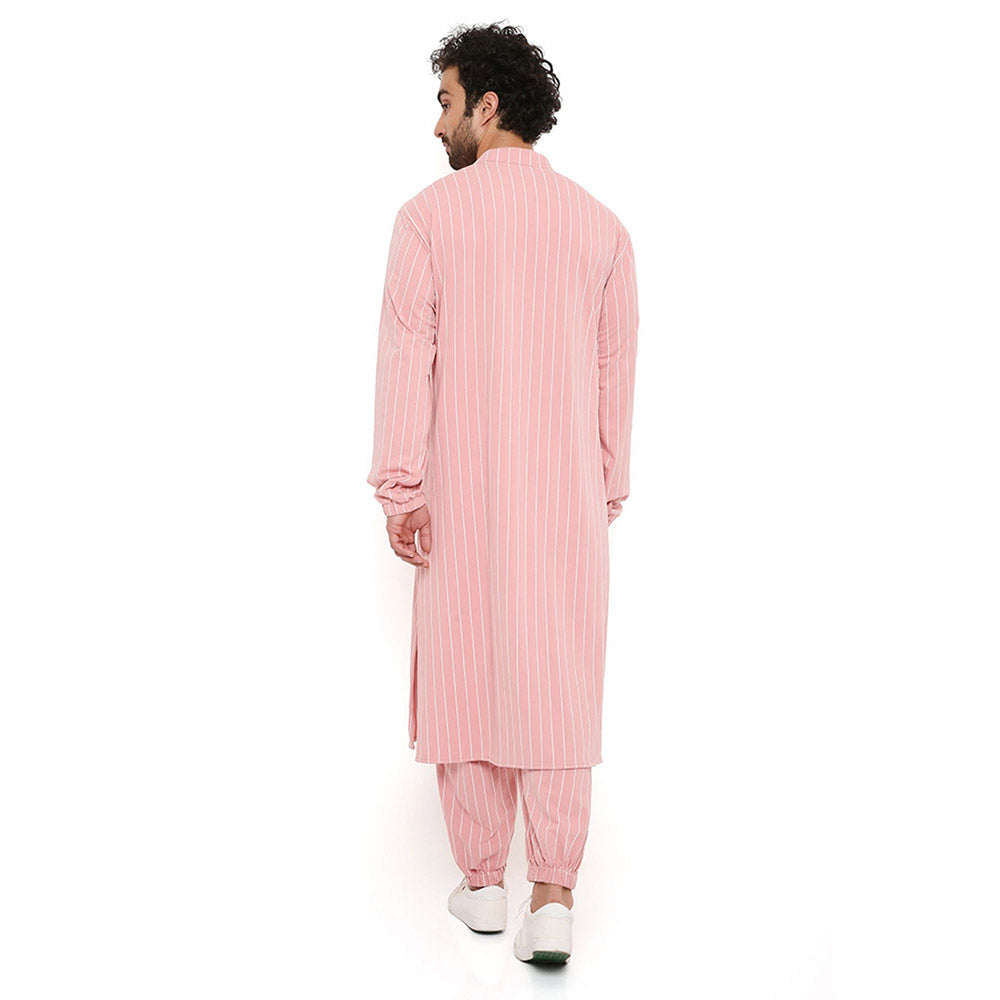 PS Men by Payal Singhal Rose Pink Stripe Lycra Bomber Kurta with Jogger Pant (Set of 2)