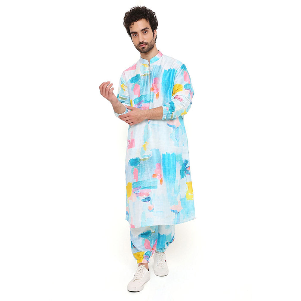 PS Men by Payal Singhal Painterly Print Dupion Silk Kurta With Salwar Pant (Set of 2)