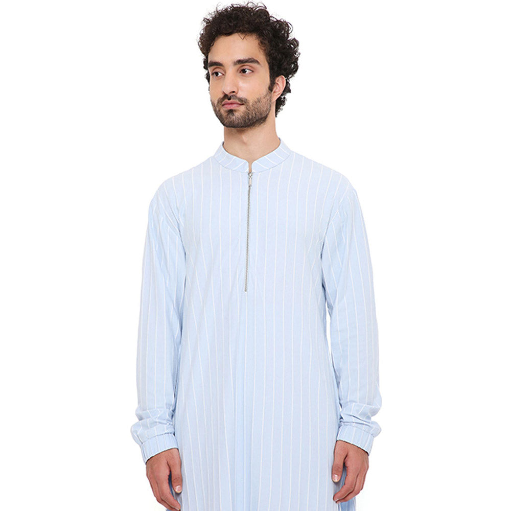 PS Men by Payal Singhal Aqua Blue Stripe Lycra Kurta With Salwar Pant (Set of 2)