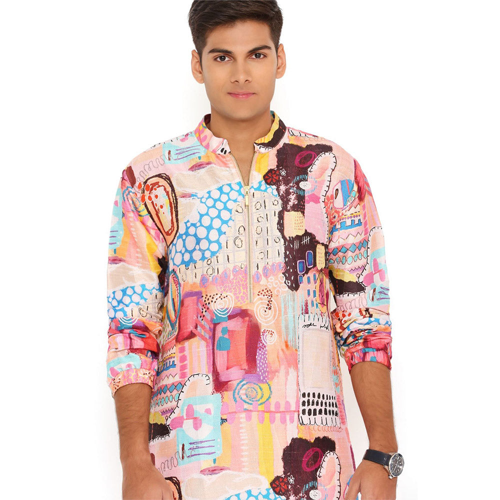 PS Men by Payal Singhal Trance Print Dupion Silk Kurta With Salwar Pant (Set of 2)