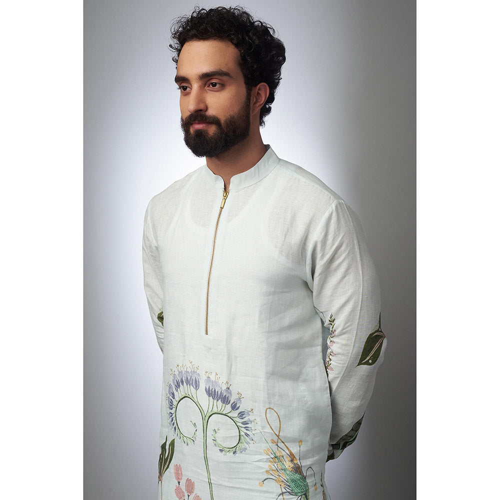 PS Men by Payal Singhal White Printed Linen Bomber Kurta with Pant (Set of 2)