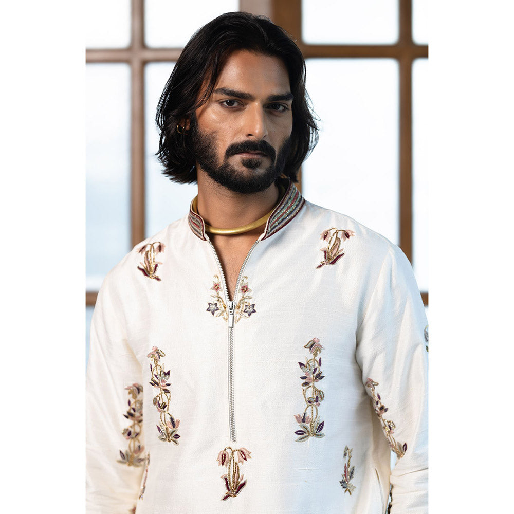 PS Men by Payal Singhal Off White Embroidered Kurta with Pant (Set of 2)