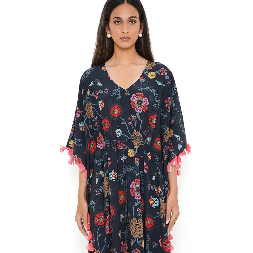 PS Pret by Payal Singhal Navy Spring Print Art Crepe Knee Length Kaftan with Tassels